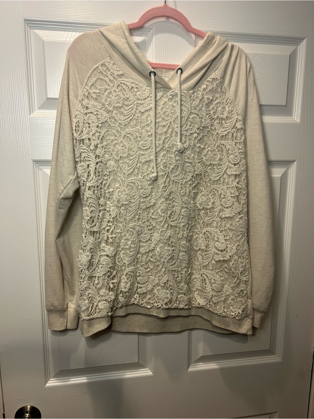 Cream Crochet Lace Hoodie Women’s Boho Romantic Cottagecore Pullover Sweatshirt - Picture 2 of 6